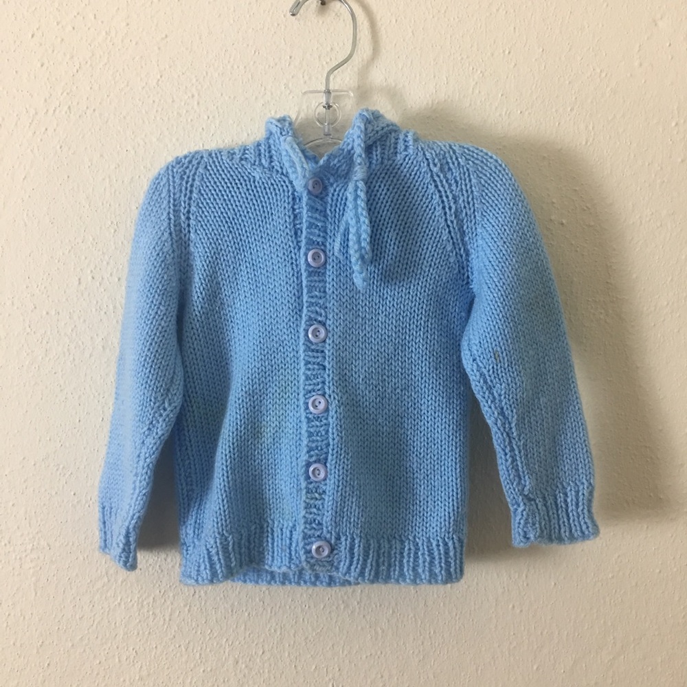 Vintage Baby Blue Knit Hooded Cardigan Sweater